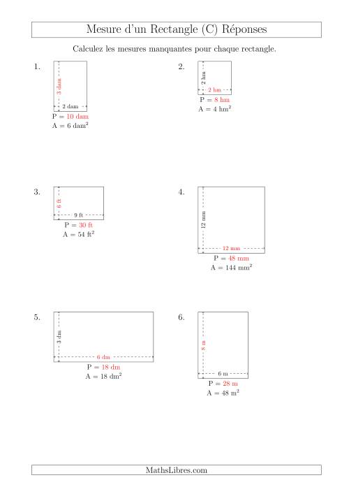 Calcul de l'Aire, Longueur ou Largeur des Rectangles (Avec de Petits Nombres Entiers) (C) page 2