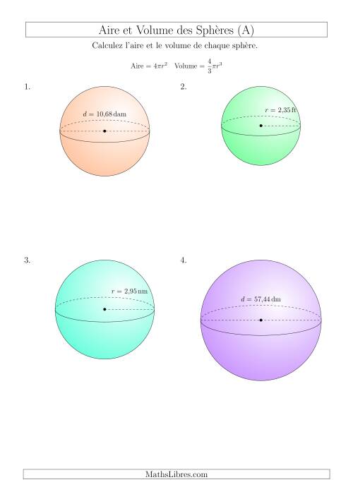 Calcul de l’Aire et du Volume des Sphères (Nombres Décimaux au Centième Près) (A)