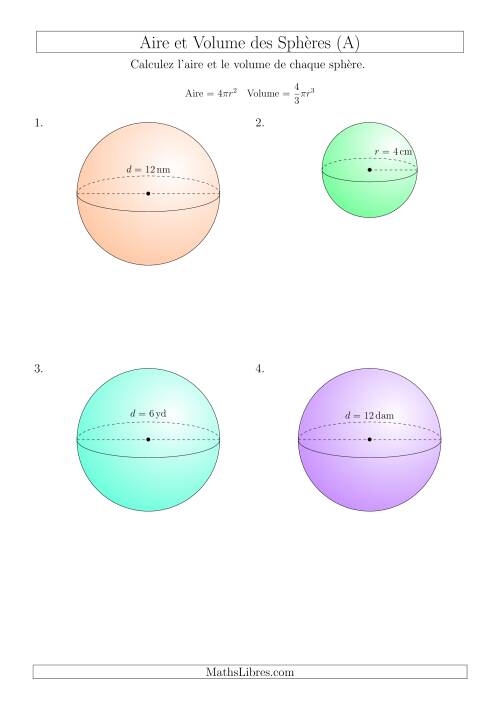 Calcul de l’Aire et du Volume des Sphères (Nombres Entiers) (A)