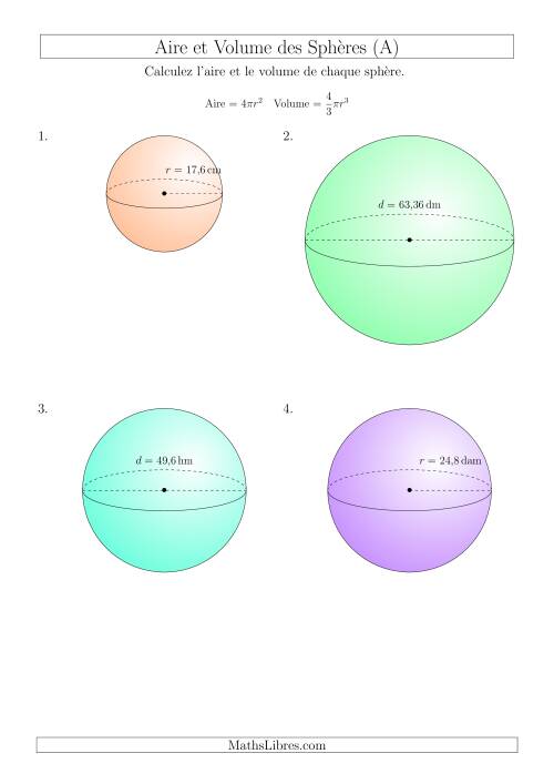 Calcul de l’Aire et du Volume des Sphères (Nombres Entiers  Décimaux Mixtes) (A)