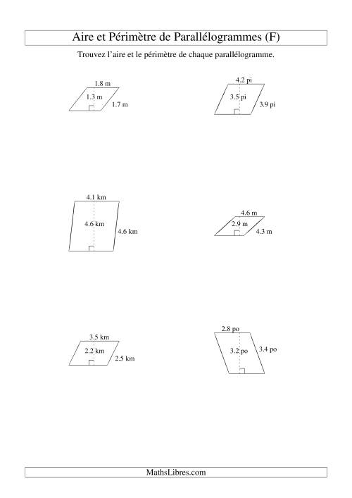 Aire et périmètre de parallélogrammes (jusqu'à 1 décimale; variation 1-5) (F)