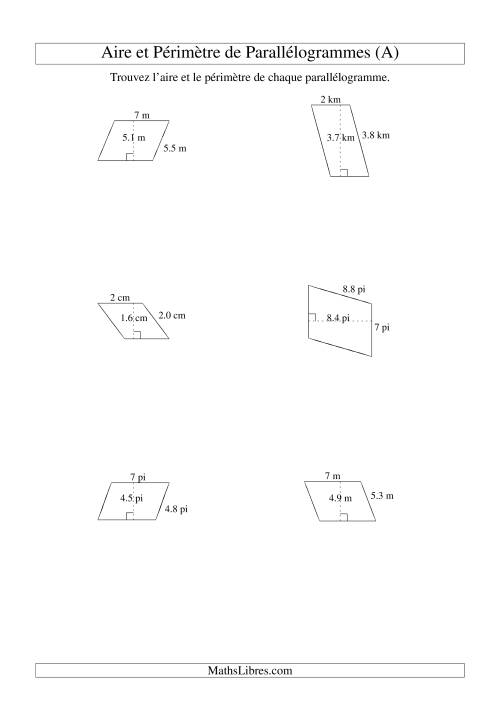 Aire et périmètre de parallélogrammes (nombre entier; variation 1-9) (A)