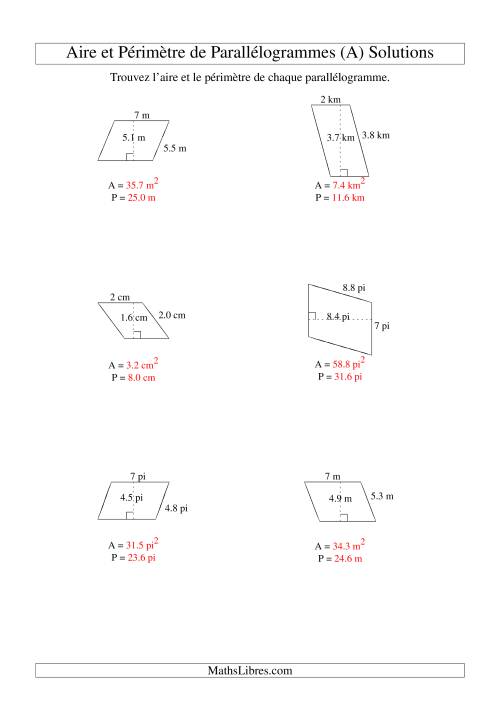 Aire et périmètre de parallélogrammes (nombre entier; variation 1-9) (A) page 2