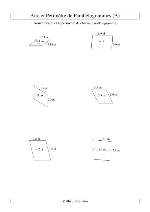 Aire et périmètre de parallélogrammes (jusqu'à 1 décimale; variation 1-9) (A)