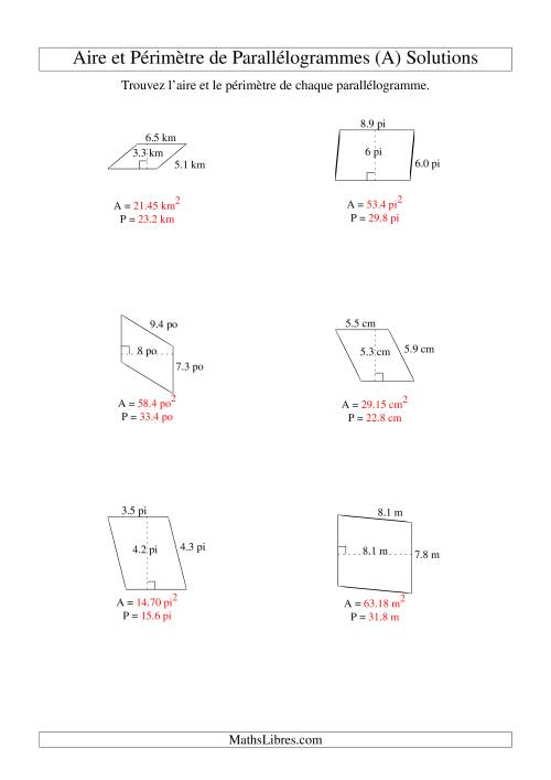Aire et périmètre de parallélogrammes (jusqu'à 1 décimale; variation 1-9) (A) page 2