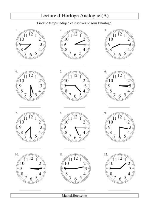 Lecture d'horloge analogue (intervalles 15 minutes) (Tout)