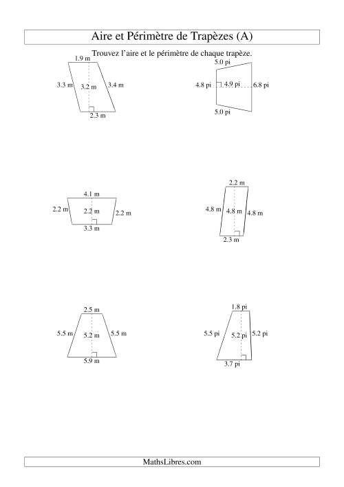 Aire et périmètre de trapèzes (jusqu'à 1 décimale; variation 1-9) (A)