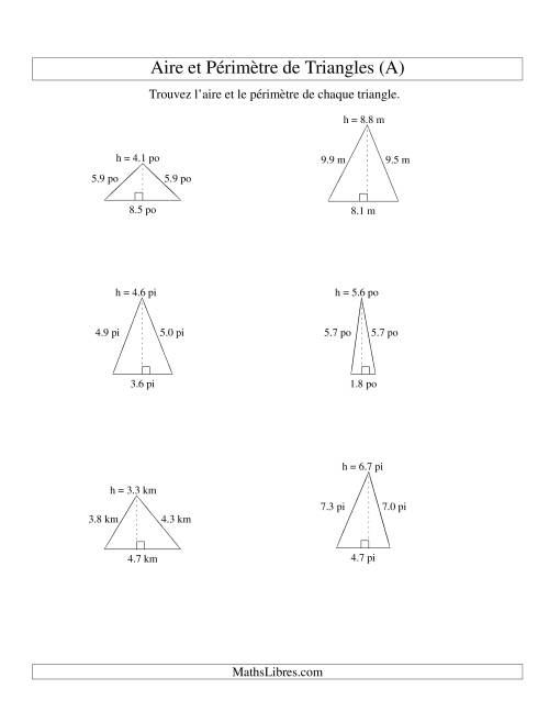 Aire et périmètre de triangles (jusqu'à 1 décimale; variation 1-9) (A)