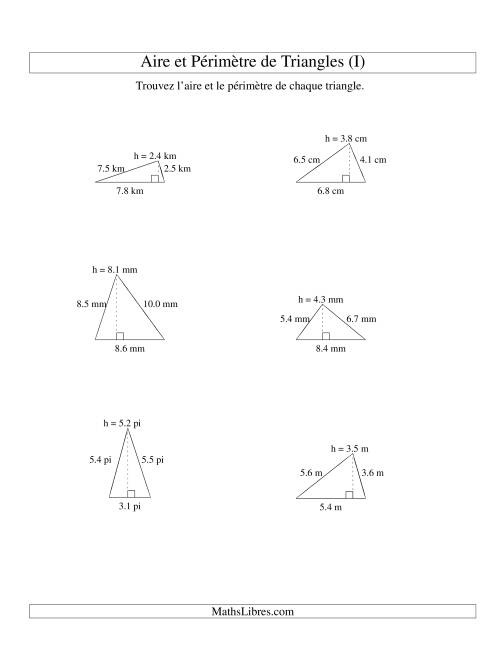 Aire et périmètre de triangles (jusqu'à 1 décimale; variation 1-9) (I)