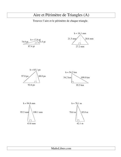 Aire et périmètre de triangles (jusqu'à 1 décimale; variation 10-99) (A)