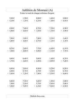 Addition de monnaie jusqu'à 10€ -- Bonds de 0,10€