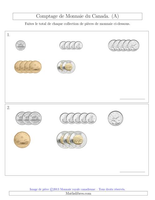 Comptage de Monnaie du Canada - Sans pièces de 1 Cent - Petites Collections ($) (A)