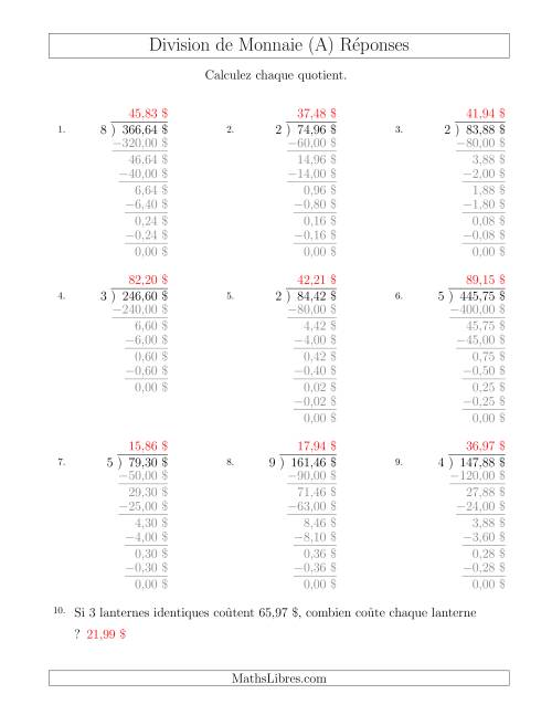 Division de Montants par Tranches de 1 Sous par un Diviseur à Un Chiffre ($) (A) page 2