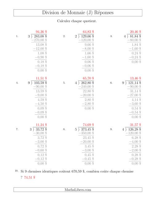 Division de Montants par Tranches de 1 Sous par un Diviseur à Un Chiffre ($) (J) page 2