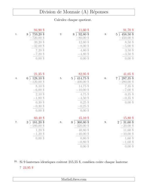 Division de Montants par Tranches de 5 Sous par un Diviseur à Un Chiffre ($) (A) page 2