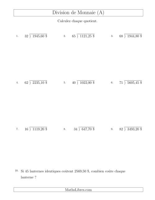 Division de Montants par Tranches de 5 Sous par un Diviseur à Deux Chiffres ($) (A)