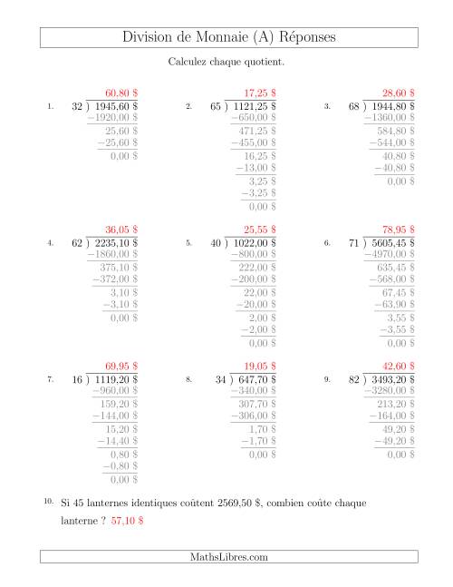 Division de Montants par Tranches de 5 Sous par un Diviseur à Deux Chiffres ($) (A) page 2