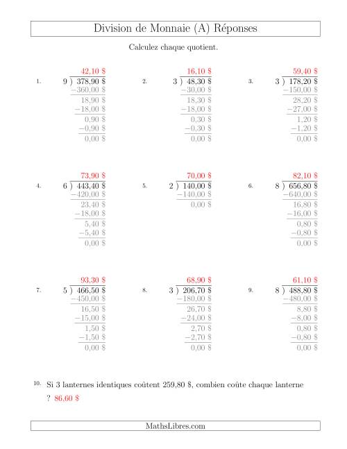 Division de Montants par Tranches de 10 Sous par un Diviseur à Un Chiffre ($) (A) page 2