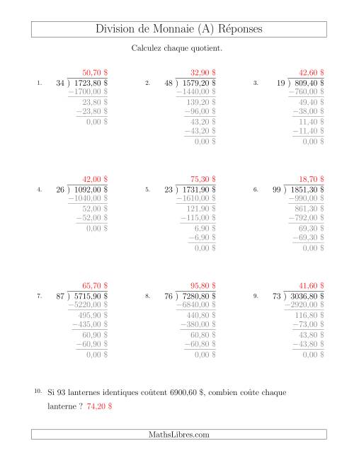 Division de Montants par Tranches de 10 Sous par un Diviseur à Deux Chiffres ($) (A) page 2