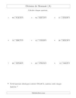Division de Montants par Tranches de 25 Sous par un Diviseur à Deux Chiffres ($)