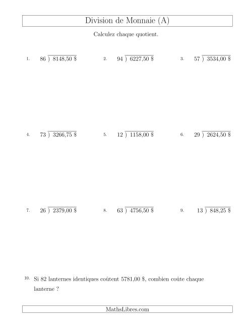 Division de Montants par Tranches de 25 Sous par un Diviseur à Deux Chiffres ($) (A)