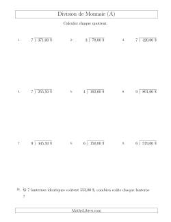 Division de Montants par Tranches de 50 Sous par un Diviseur à Un Chiffre ($)