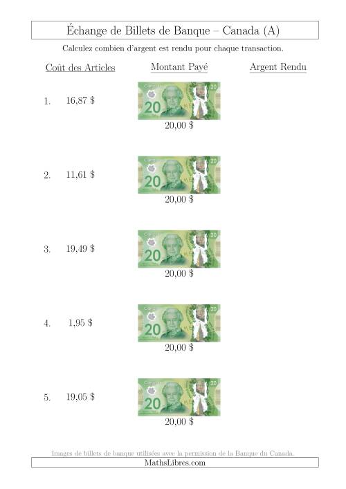 Échange de Billets de Banque Canadiens de 20 $ (A)
