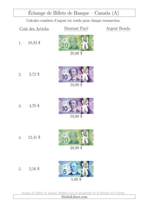 Échange de Billets de Banque Canadiens Jusqu'à 20 $ (A)