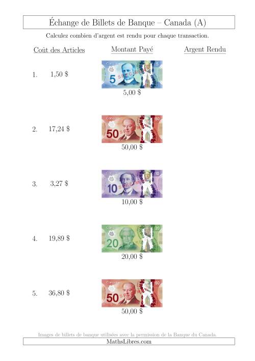 Échange de Billets de Banque Canadiens Jusqu'à 50 $ (A)