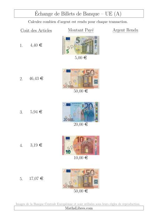 Échange de Billets de Banque UE Jusqu’à 50 € (A)