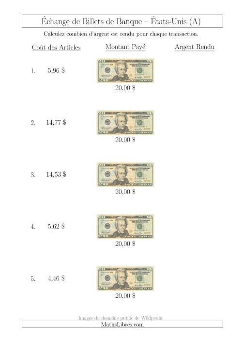 Échange de Billets de Banque Américains de 20 $ (A)