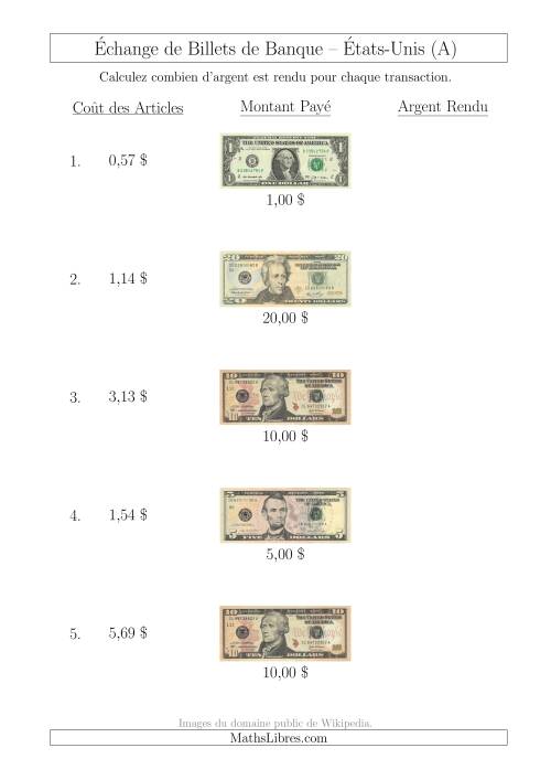 Échange de Billets de Banque Américains Jusqu'à 20 $ (A)