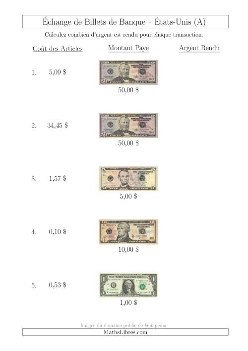 Échange de Billets de Banque Américains Jusqu'à 50 $ (A)