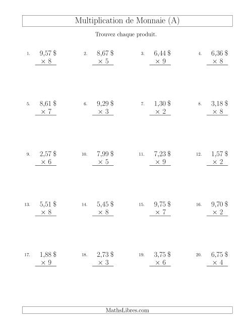 Multiplication de Montants par Bonds de 1 Cent par un Multiplicateur à Un Chiffre ($) (A)