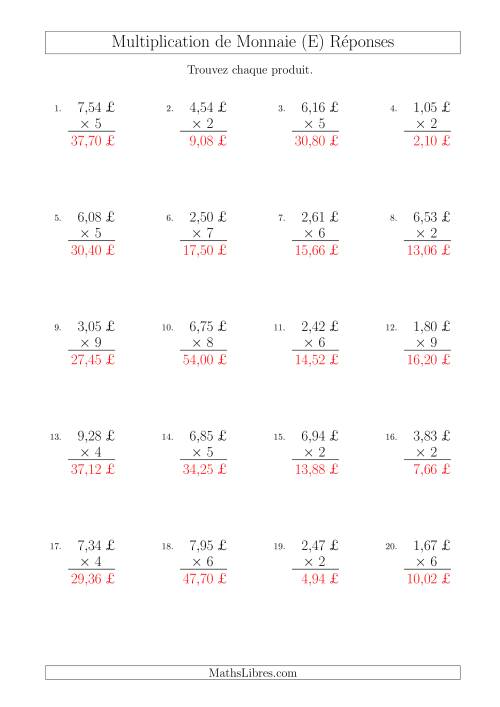 Multiplication de Montants par Bonds de 1 Cent par un Multiplicateur à Un Chiffre (£) (E) page 2