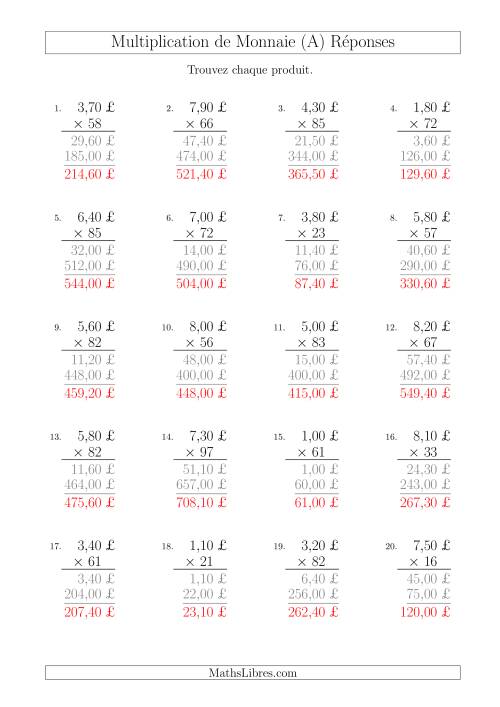 Multiplication de Montants par Bonds de 10 Cents par un Multiplicateur à Deux Chiffres (£) (A) page 2