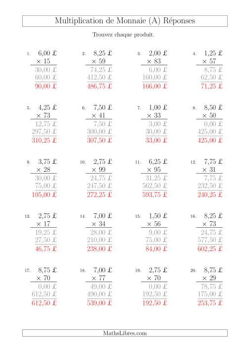 Multiplication de Montants par Bonds de 25 Cents par un Multiplicateur à Deux Chiffres (£) (A) page 2