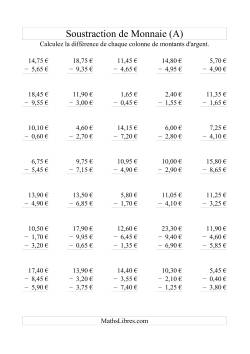 Soustraction de monnaie jusqu'à 10€ -- Bonds de 0,05€