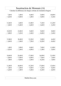 Soustraction de monnaie jusqu'à 10€ -- Bonds de 0,20€