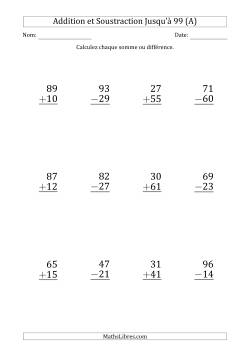 Gros Caractère - Addition et Soustraction d'un Nombre à 2 Chiffres avec des Termes et Diminuendes Jusqu'à 99 (12 Questions)