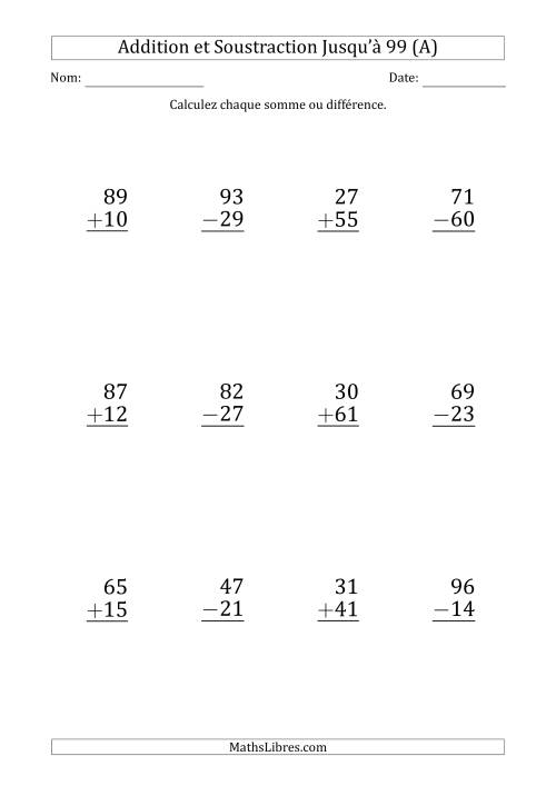 Gros Caractère - Addition et Soustraction d'un Nombre à 2 Chiffres avec des Termes et Diminuendes Jusqu'à 99 (12 Questions) (A)