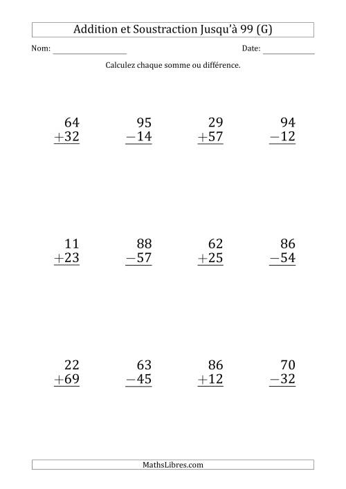 Gros Caractère - Addition et Soustraction d'un Nombre à 2 Chiffres avec des Termes et Diminuendes Jusqu'à 99 (12 Questions) (G)