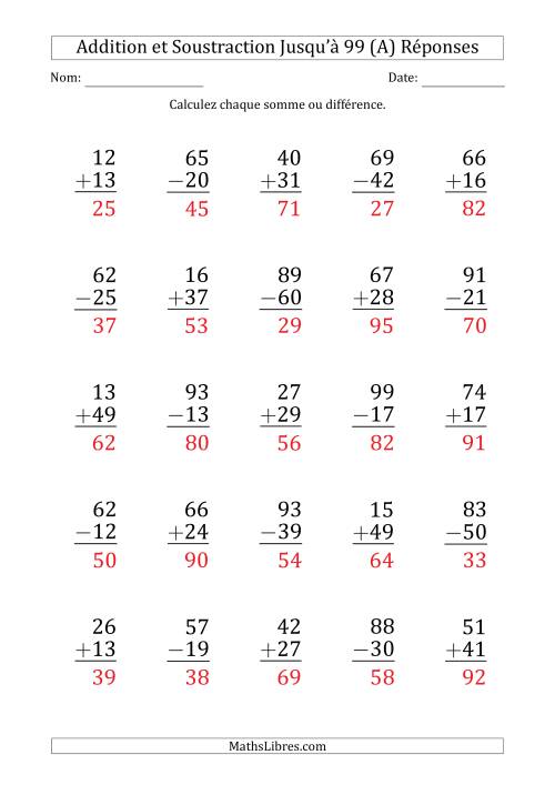 Gros Caractère - Addition et Soustraction d'un Nombre à 2 Chiffres avec des Termes et Diminuendes Jusqu'à 99 (25 Questions) (A) page 2