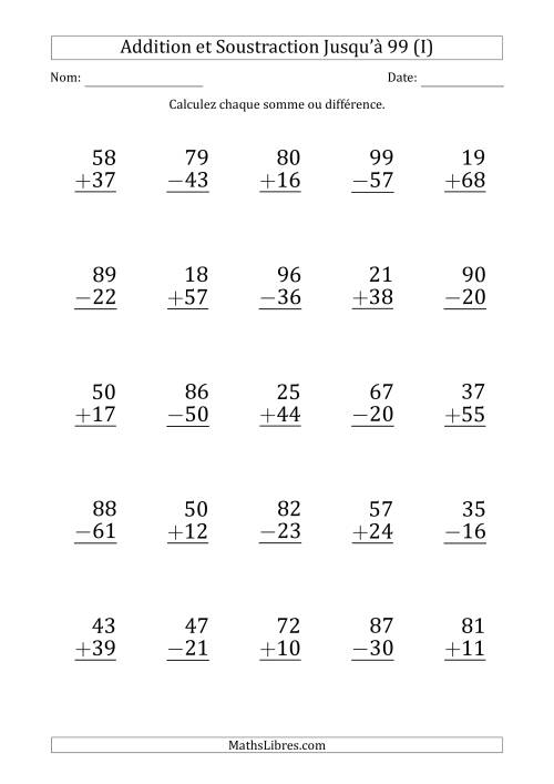 Gros Caractère - Addition et Soustraction d'un Nombre à 2 Chiffres avec des Termes et Diminuendes Jusqu'à 99 (25 Questions) (I)