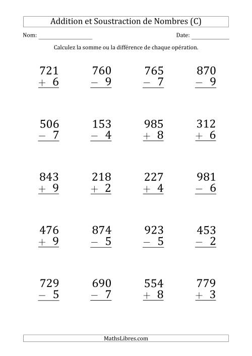 Addition et Soustraction d'un Nombre à 3 Chiffres par un Nombre à 1 Chiffre (Gros Caractère) (C)