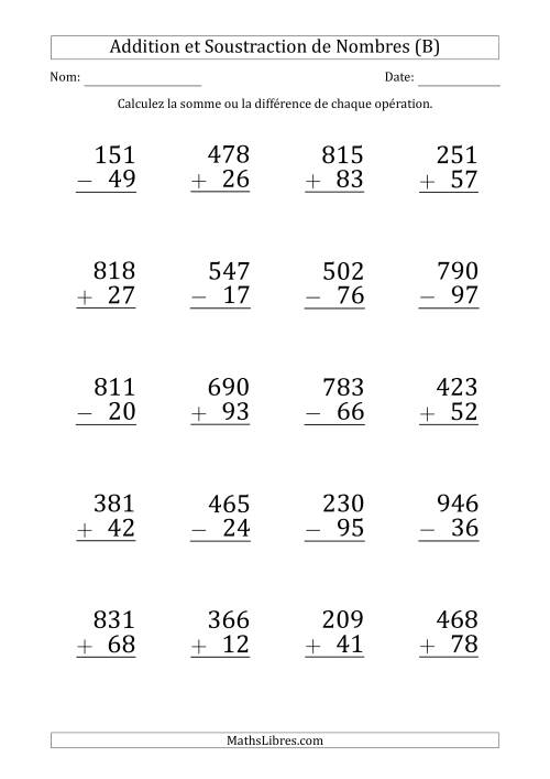 Addition et Soustraction d'un Nombre à 3 Chiffres par un Nombre à 2 Chiffres (Gros Caractère) (B)