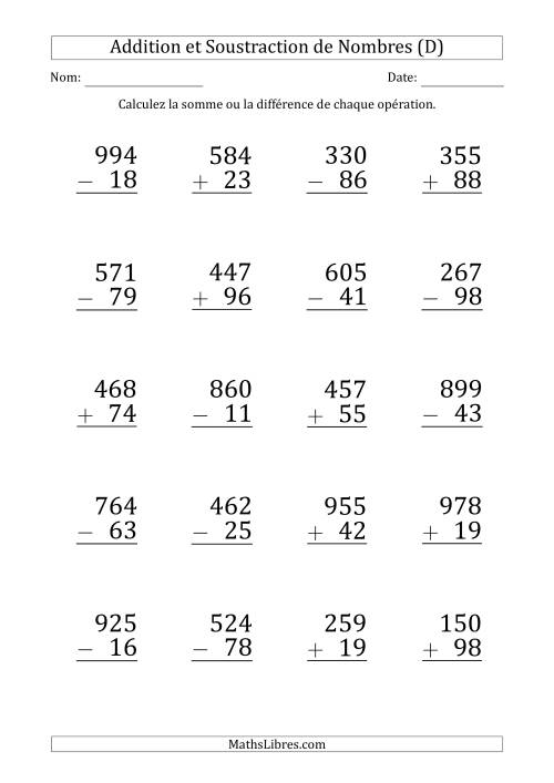 Addition et Soustraction d'un Nombre à 3 Chiffres par un Nombre à 2 Chiffres (Gros Caractère) (D)