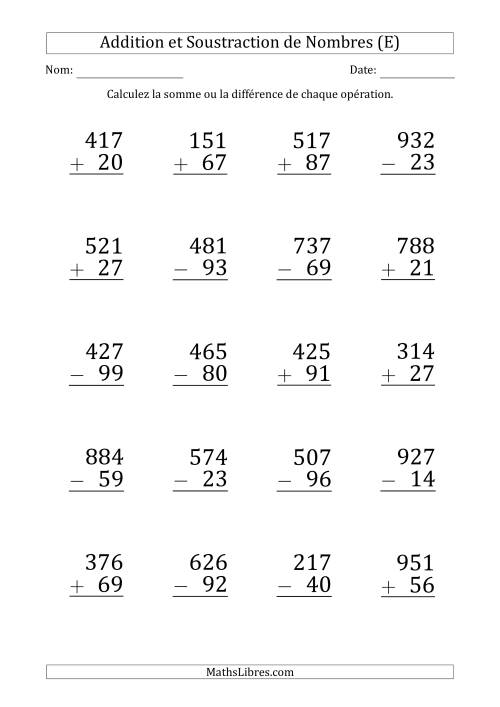 Addition et Soustraction d'un Nombre à 3 Chiffres par un Nombre à 2 Chiffres (Gros Caractère) (E)