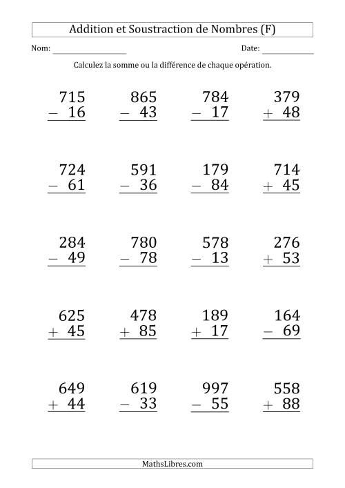 Addition et Soustraction d'un Nombre à 3 Chiffres par un Nombre à 2 Chiffres (Gros Caractère) (F)