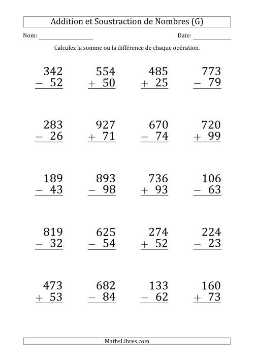 Addition et Soustraction d'un Nombre à 3 Chiffres par un Nombre à 2 Chiffres (Gros Caractère) (G)